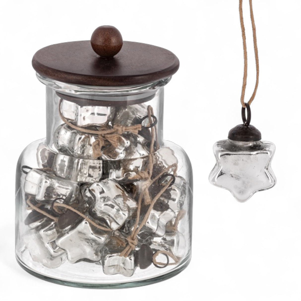Silver frosted mercury glass star ornament with twine hanger