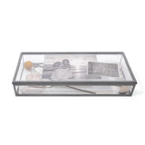 Skinny rectangle glass and zinc memory box measuring 12 by 5 inches, shown filled with photographs and small keepsakes