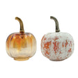 Small glass pumpkins with brass/metal stems in distressed and iridescent finishes