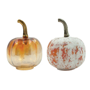 Small glass pumpkins with brass/metal stems in distressed and iridescent finishes