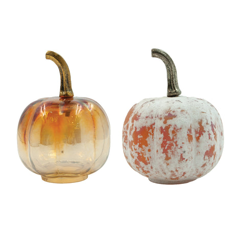 Small glass pumpkins with brass/metal stems in distressed and iridescent finishes