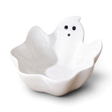 Small white ceramic ghost bowl with black facial details for Halloween candy and décor