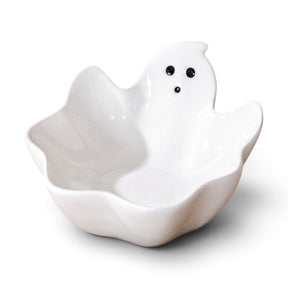 Small white ceramic ghost bowl with black facial details for Halloween candy and décor