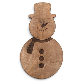 Natural mango wood snowman serving board with a top hat and laser-etched smiling face, scarf, and three buttons