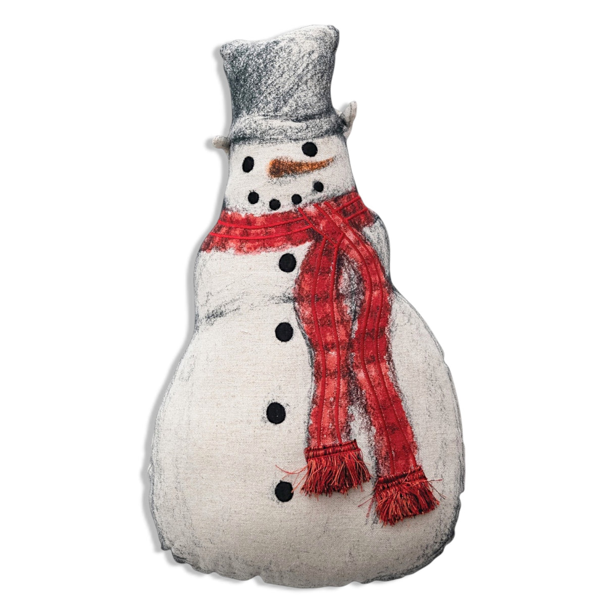 Snowman shaped cotton and linen pillow with embroidered details and red scarf