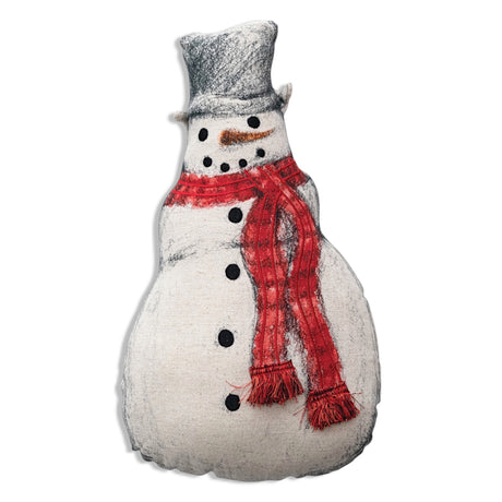 Snowman shaped cotton and linen pillow with embroidered details and red scarf