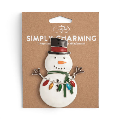 Snowman Simply Charming magnetic charm with top hat, green scarf, and colorful Christmas lights