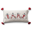Cream lumbar pillow with four snowmen, birds, embroidered red scarves, white hat pompoms, and red corner tassels