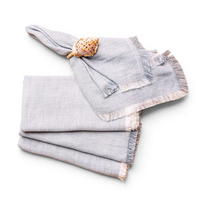 Soft blue chambray fringe cloth napkin for coastal and farmhouse table décor