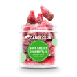 Jar of Sour Cherry Cola Bottles candy with red and brown soda bottle–shaped sour gummies, cherry cola flavor, non-GMO and made in the USA
