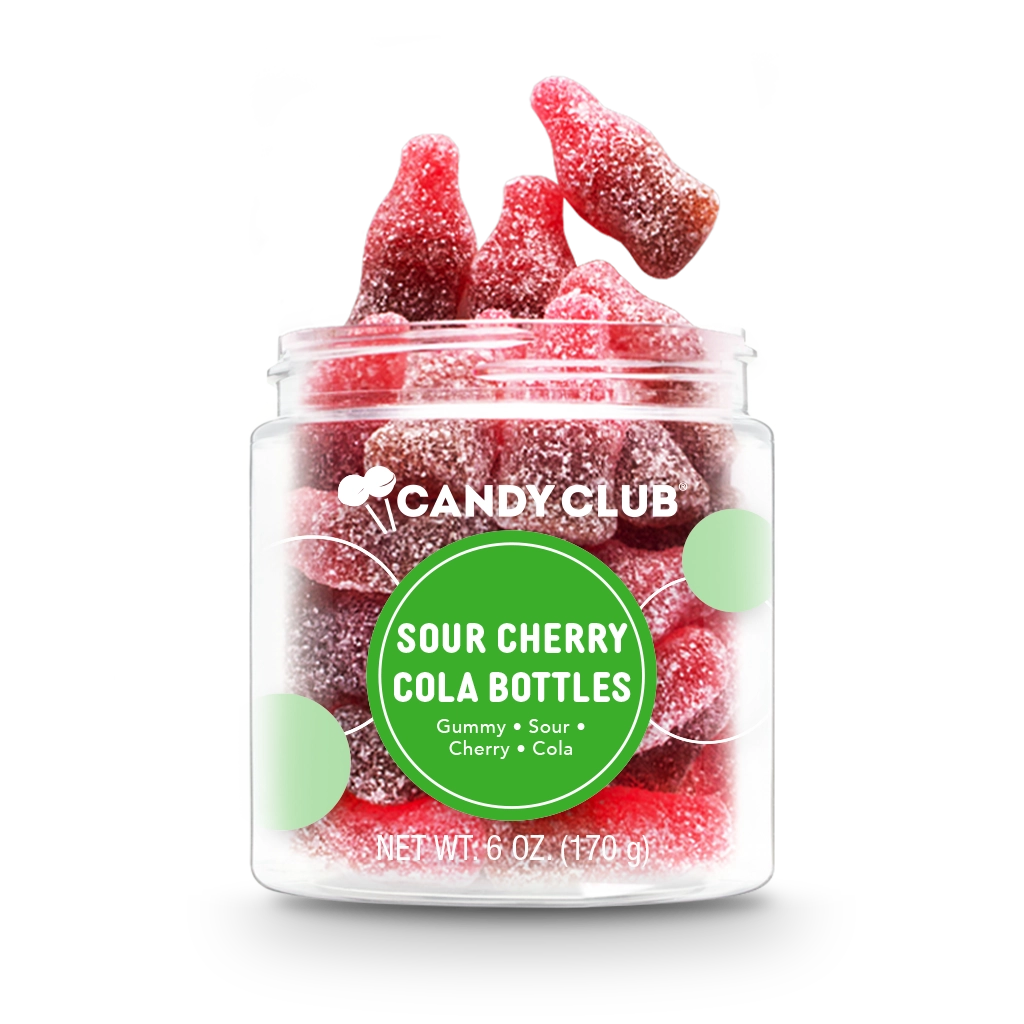 Jar of Sour Cherry Cola Bottles candy with red and brown soda bottle–shaped sour gummies, cherry cola flavor, non-GMO and made in the USA