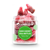 Jar of Sour Cherry Cola Bottles candy with red and brown soda bottle–shaped sour gummies, cherry cola flavor, non-GMO and made in the USA