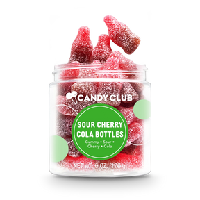 Jar of Sour Cherry Cola Bottles candy with red and brown soda bottle–shaped sour gummies, cherry cola flavor, non-GMO and made in the USA