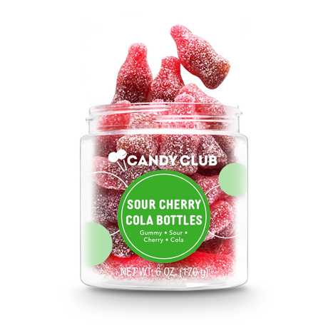 Jar of Sour Cherry Cola Bottles candy with red and brown soda bottle–shaped sour gummies, cherry cola flavor, non-GMO and made in the USA