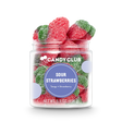 Jar of Sour Strawberries candy with red and green strawberry-shaped sour gummies coated in sugar, gluten-free and made in the USA
