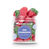 Jar of Sour Strawberries candy with red and green strawberry-shaped sour gummies coated in sugar, gluten-free and made in the USA