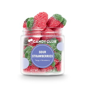 Jar of Sour Strawberries candy with red and green strawberry-shaped sour gummies coated in sugar, gluten-free and made in the USA