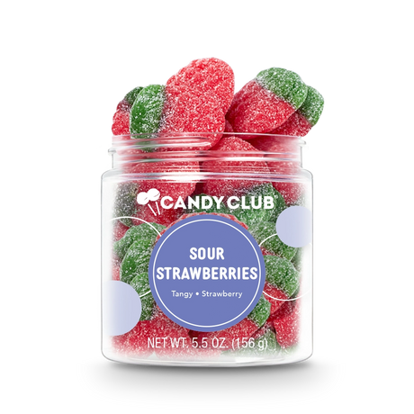 Jar of Sour Strawberries candy with red and green strawberry-shaped sour gummies coated in sugar, gluten-free and made in the USA