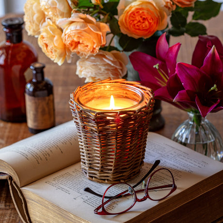 floral musk vanilla candle in woven willow holder cozy floral scented candle