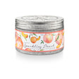  14.1 oz Sparkling Peach scented soy candle in a galvanized tin with peach-themed wrap and embossed lid, featuring jasmine, nectarine, and peach fragrance.
