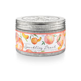  14.1 oz Sparkling Peach scented soy candle in a galvanized tin with peach-themed wrap and embossed lid, featuring jasmine, nectarine, and peach fragrance.