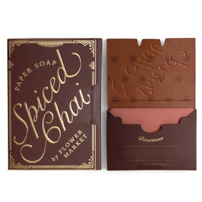 Flower Market Spiced Chai Paper Soap with 50 scented handwashing sheets in a vintage-inspired brown and gold travel booklet