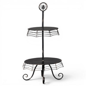 Black metal spider web two-tier Halloween display stand with decorative spider topper