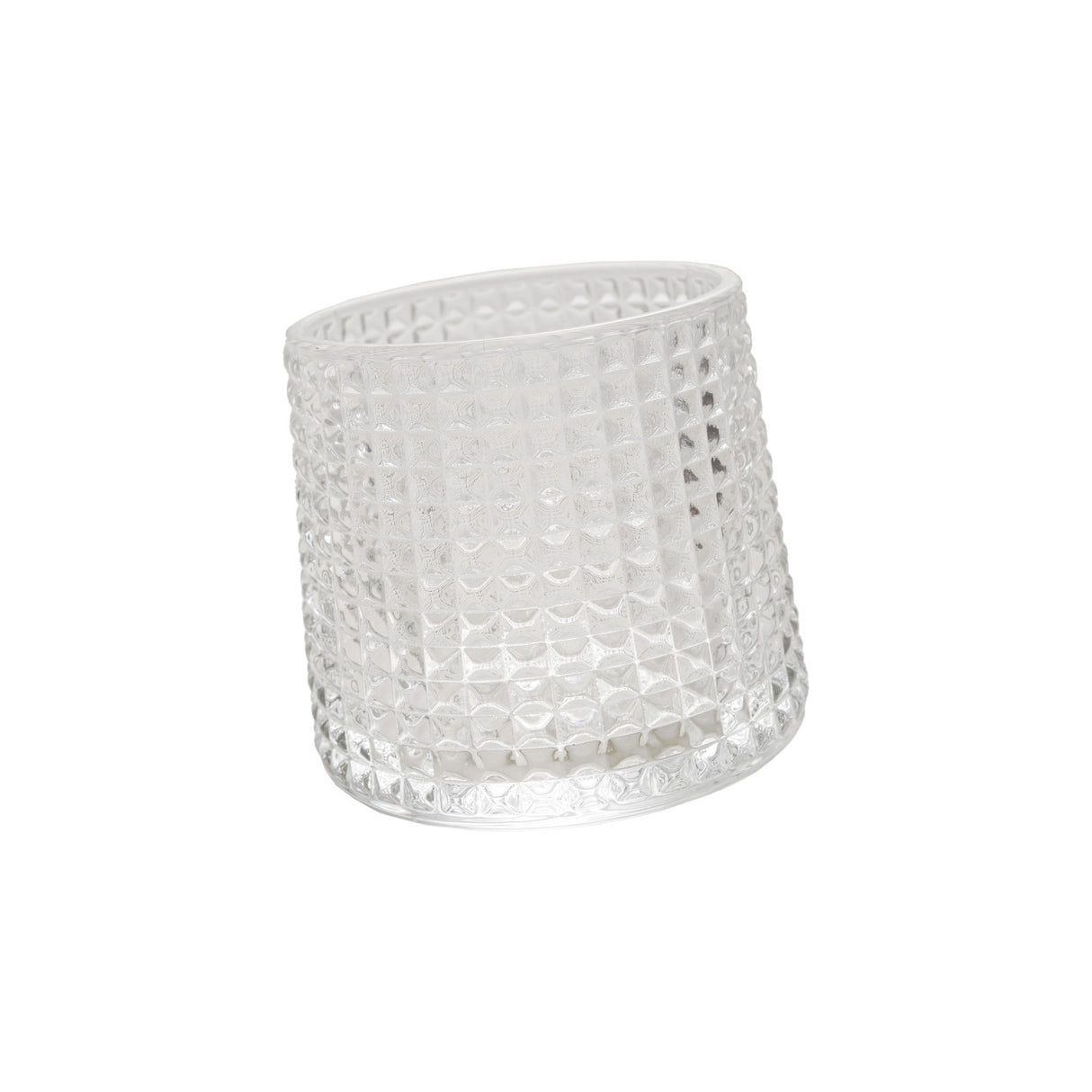 Embossed clear spinning whiskey glass with textured design