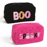 Spooky and Boo Halloween sherpa zipper pouches with colorful bouclé appliqué