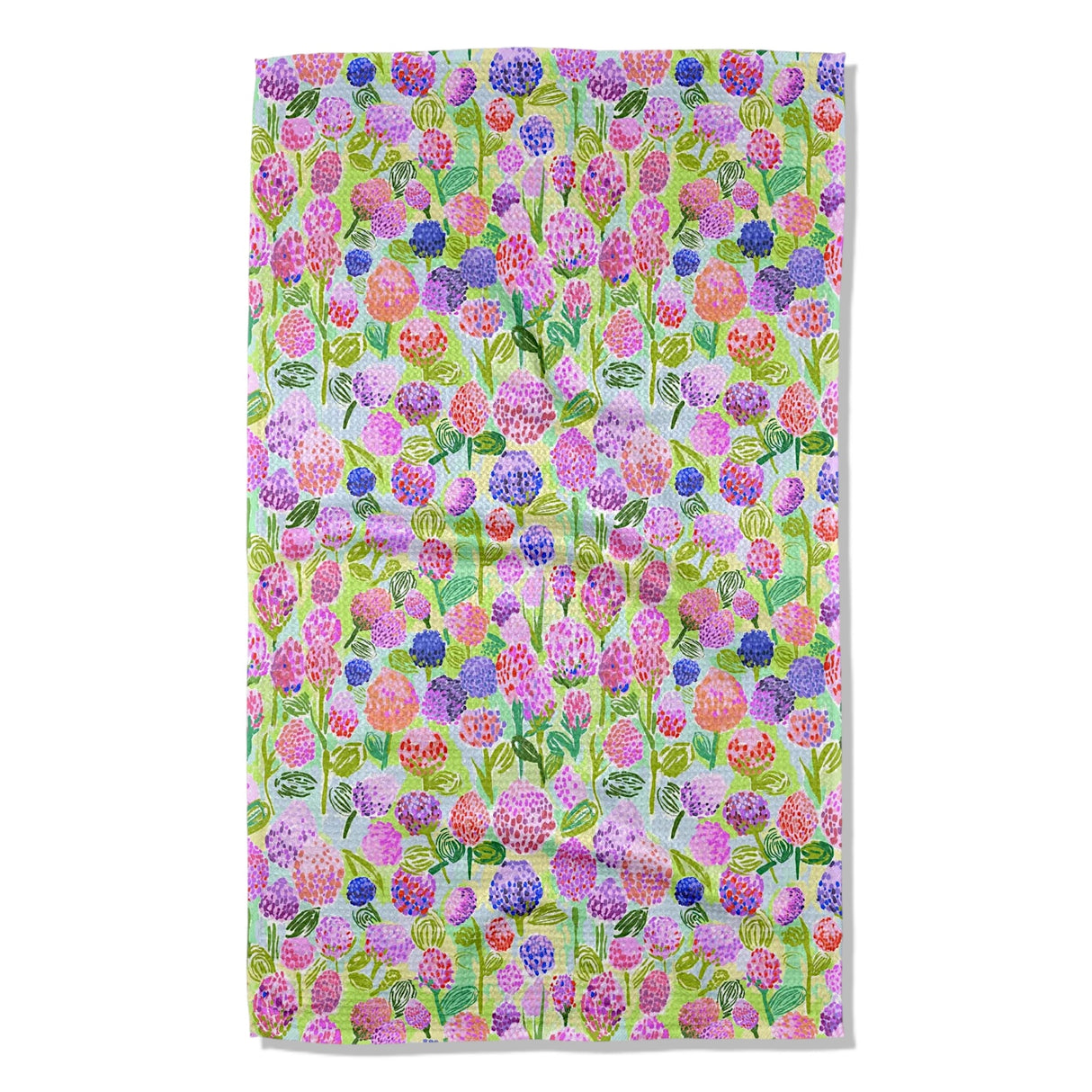 Floral patterned towel with pink, purple, and green flowers geometry tea towel for the kitchen