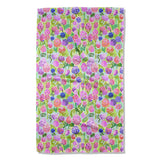 Floral patterned towel with pink, purple, and green flowers geometry tea towel for the kitchen