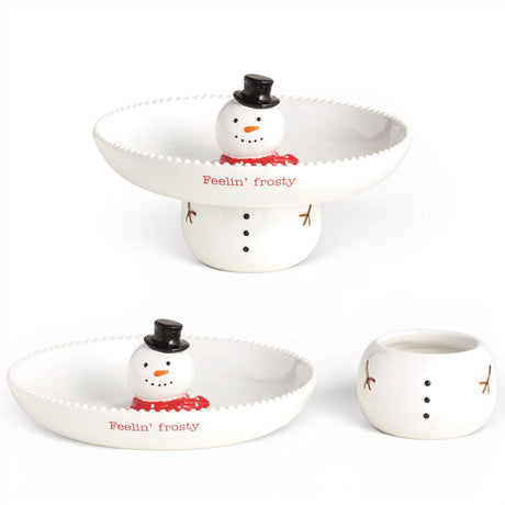 Stackable ceramic snowman serving dish and dip bowl set with Feelin’ Frosty wording
