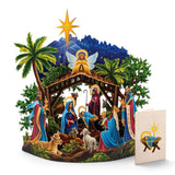 Starlit Nativity pop-up Christmas card with Mary, Joseph, baby Jesus, Wise Men, Bethlehem night sky, and gold Christmas star