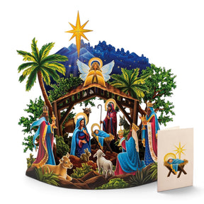 Starlit Nativity pop-up Christmas card with Mary, Joseph, baby Jesus, Wise Men, Bethlehem night sky, and gold Christmas star