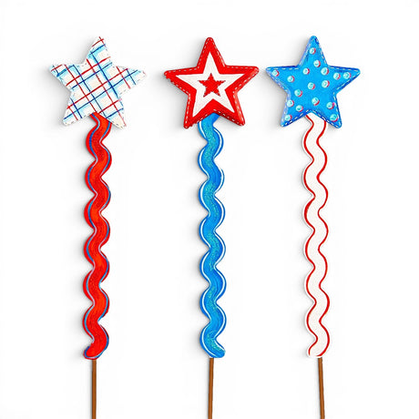 patriotic star garden stakes red white blue metal outdoor decor ric rac streamers