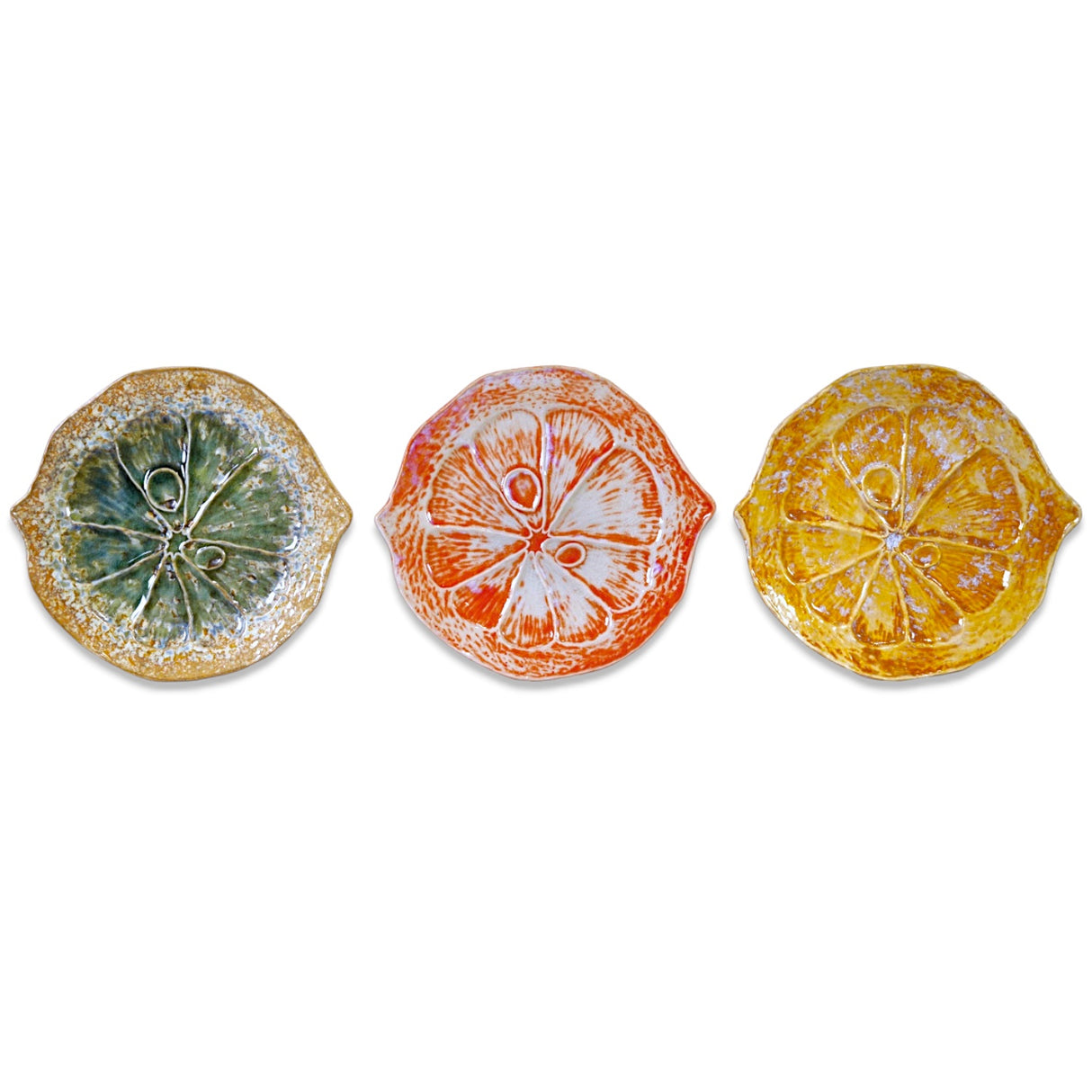 Stoneware citrus-shaped plates with reactive glaze in green, orange, and yellow, each sold separately.