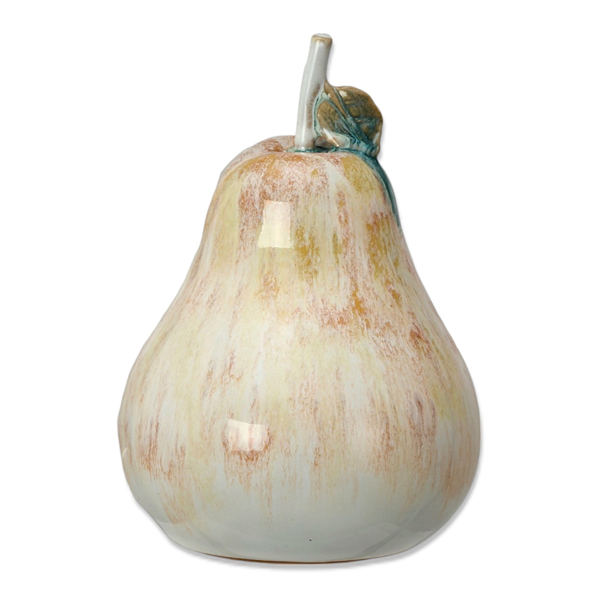 Stoneware pear figurine with reactive glaze finish in multicolor