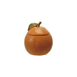 Stoneware orange-shaped jar with lid featuring a green stem accent.