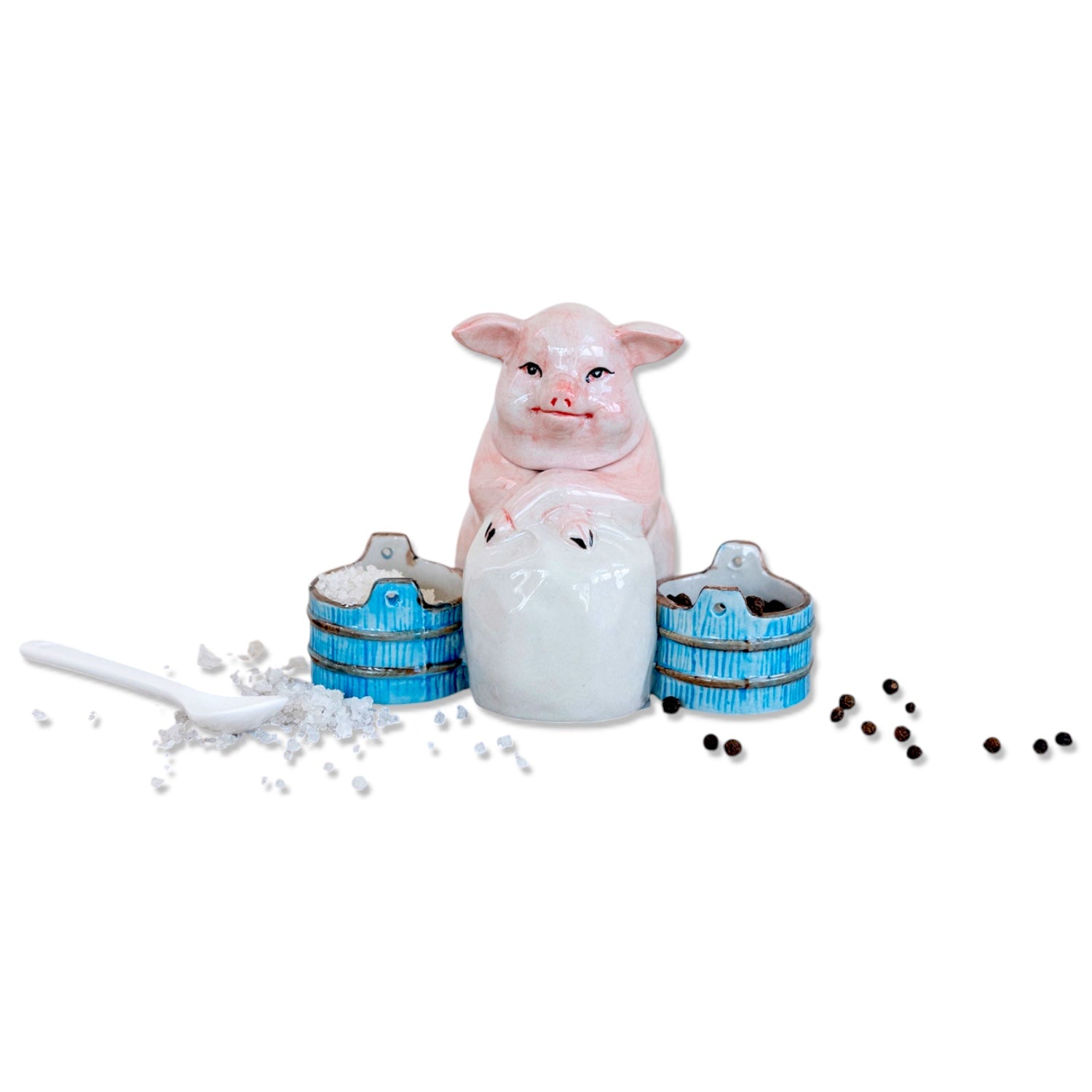 Vintage reproduction stoneware pig mustard pot with spoon and 3 sections for condiments