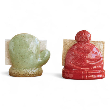 Stoneware sponge holders in mitten and hat designs with reactive glaze, includes sponge