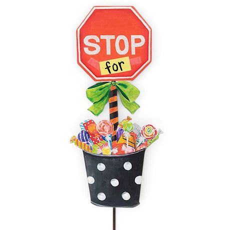 Stop For Candy metal Halloween decoration by The Round Top Collection with candy bucket and easel, hang, or stake display options