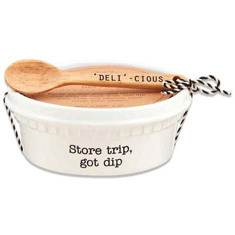 Ceramic dip container for 8 oz cold case dips with wooden spoon and playful store trip got dip phrase