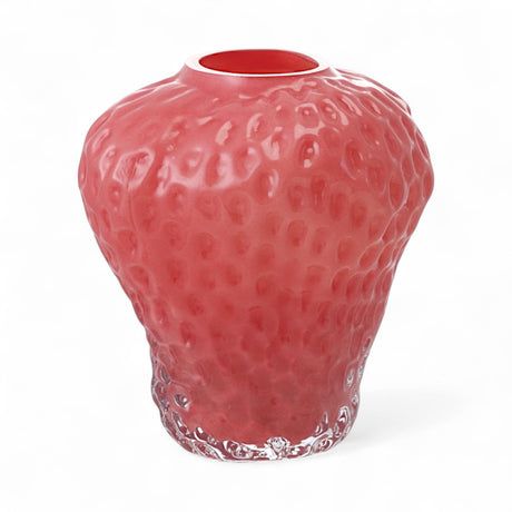 Opaque pink strawberry-shaped glass vase with textured finish, 6.25 by 6.75 inches