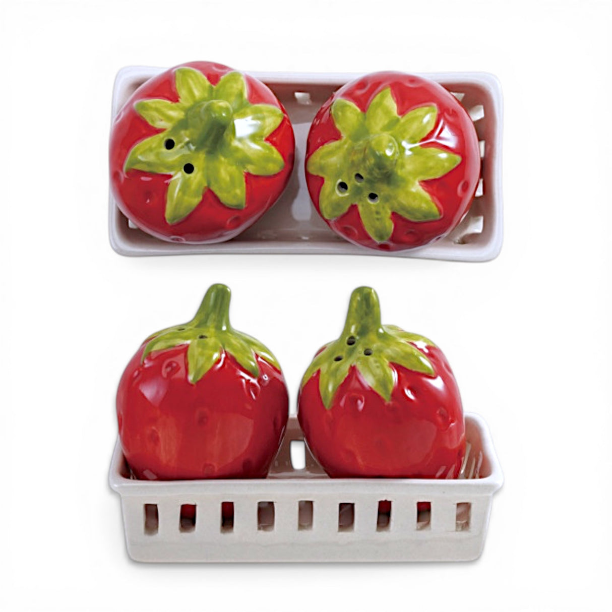 strawberry salt and pepper shakers ceramic berry basket holder cute kitchen decor red green set
