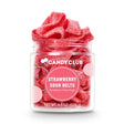 Small jar of strawberry sour belts with red sugar-coated candy strips, chewy sour strawberry candy made in the USA
