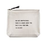 Sugarboo canvas zip pouch with D.M. Dellinger quote and leather zipper pull