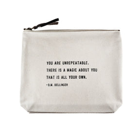 Sugarboo canvas zip pouch with D.M. Dellinger quote and leather zipper pull