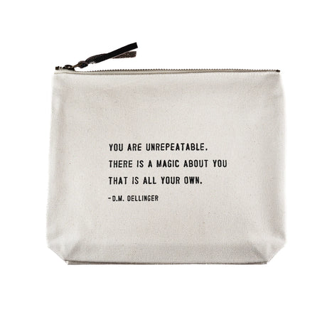 Sugarboo canvas zip pouch with D.M. Dellinger quote and leather zipper pull