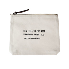 Sugarboo canvas zip pouch with Hans Christian Andersen quote and leather zipper pull
