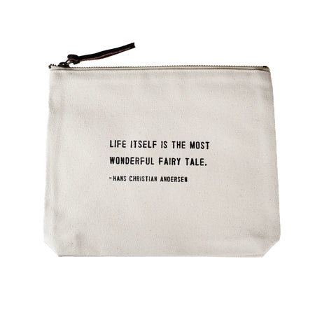Sugarboo canvas zip pouch with Hans Christian Andersen quote and leather zipper pull
